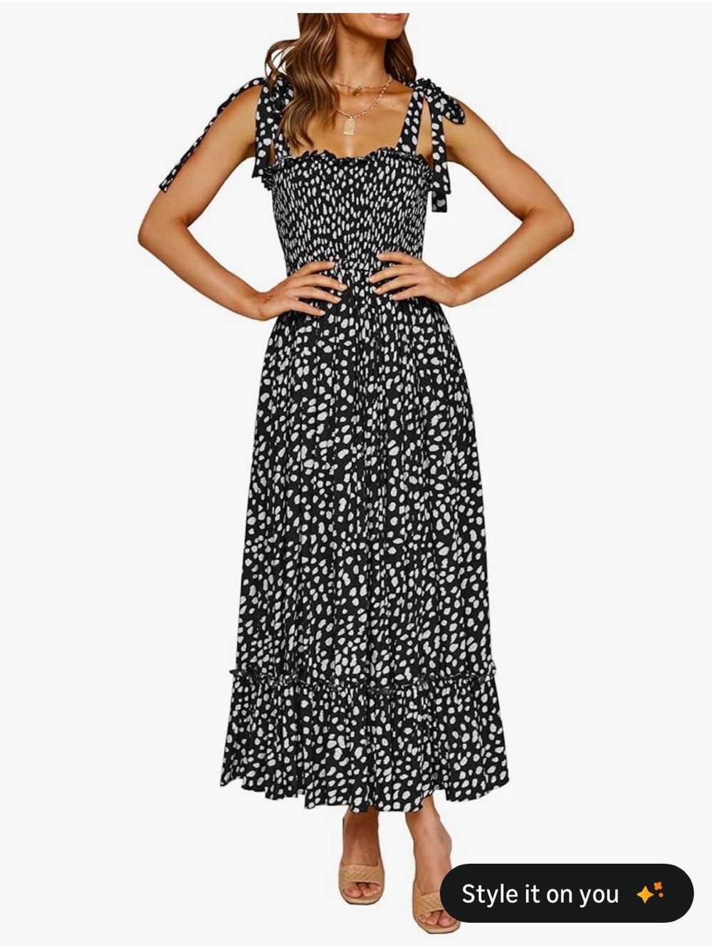 Black & White Printed Smocked Tie-Shoulder Midi Dress
